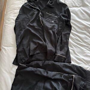 Victoria’s Secret Black satin Pajama Set with White Trim large long